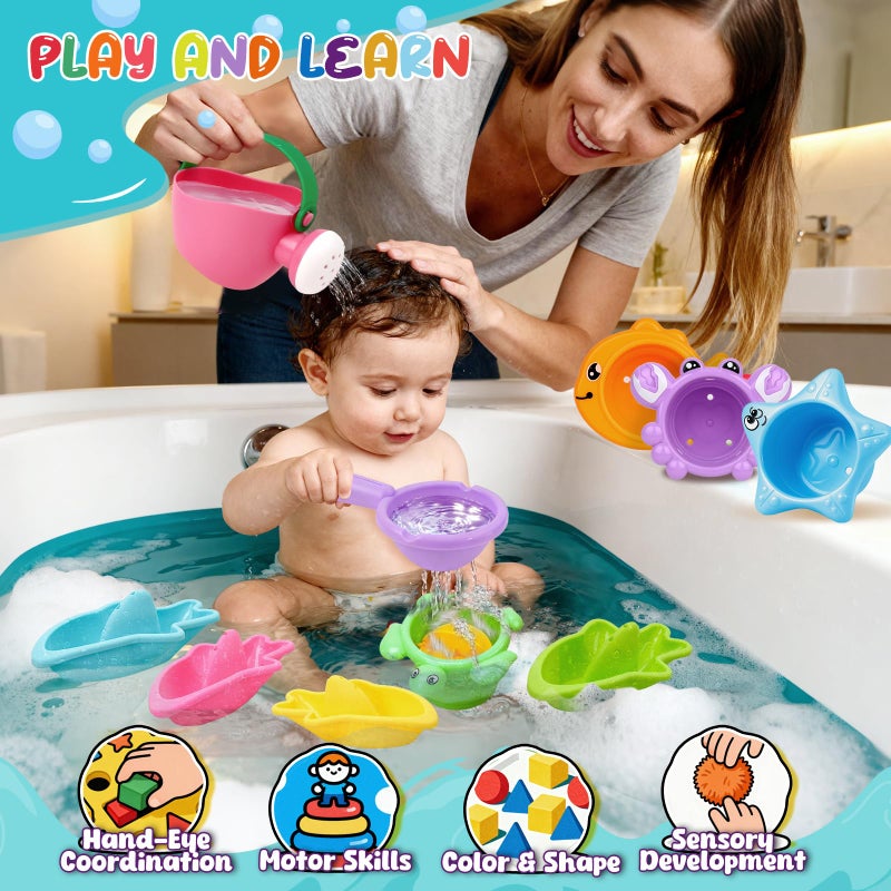Babelshar 10 Pcs Bath Toys for Kids Ages 1-3, Bathtub & Pool Water Toys for Toddlers 1-3 & Babies 12-18 Months, Water Table Accessories with Floating Boats, Stacking Cups & Pouring Fun for Boys Girls - Image 2